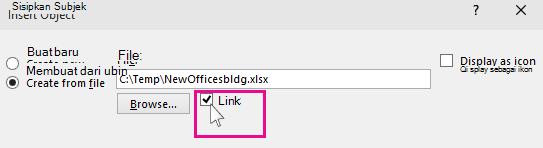 memilih link untuk menyisipkan file ke powerpoint