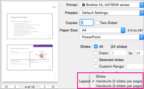 Pratinjau Makalah untuk Cetak PowerPoint untuk Mac