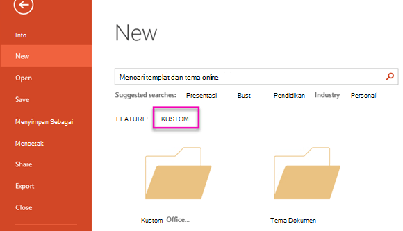 Pada halaman File Baru, pilih Kustom untuk mengakses templat yang Anda buat.