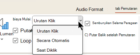 Pada tab Pemutaran untuk file audio, ada tiga opsi untuk mulai memutar audio.