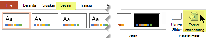 Tombol Format Latar Belakang berada di tab Desain pada Pita di PowerPoint
