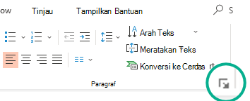 Buka kotak dialog Paragraf dengan mengklik panah di sudut kanan bawah grup Paragraf pada tab Beranda di pita.