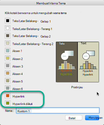 Memilih warna untuk hyperlink dan hyperlink yang diikuti