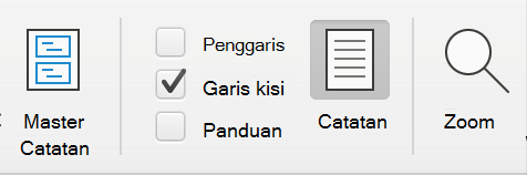 Cuplikan layar kotak centang Garis Kisi di bawah tab Tampilan di Microsoft PowerPoint.