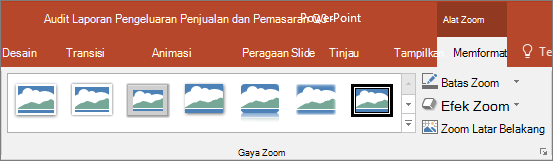 Memperlihatkan Gaya dan efek Zoom yang berbeda yang bisa Anda pilih di tab Format di PowerPoint.