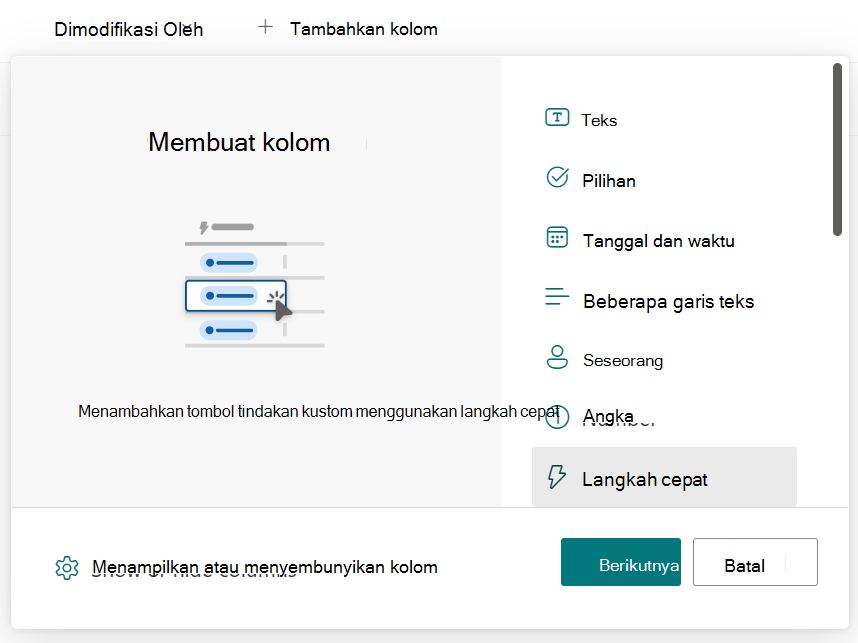 Cuplikan layar yang menampilkan kolom Menu untuk memilih kolom langkah cepat.