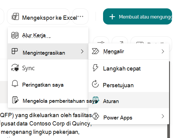 Cuplikan layar yang menampilkan Buat aturan untuk mengotomatiskan daftar di SharePoint.