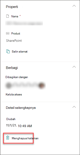 Cuplikan layar opsi hapus halaman di panel detail halaman