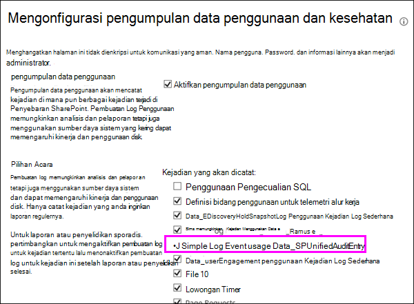 Opsi untuk mengaktifkan log penggunaan DLP