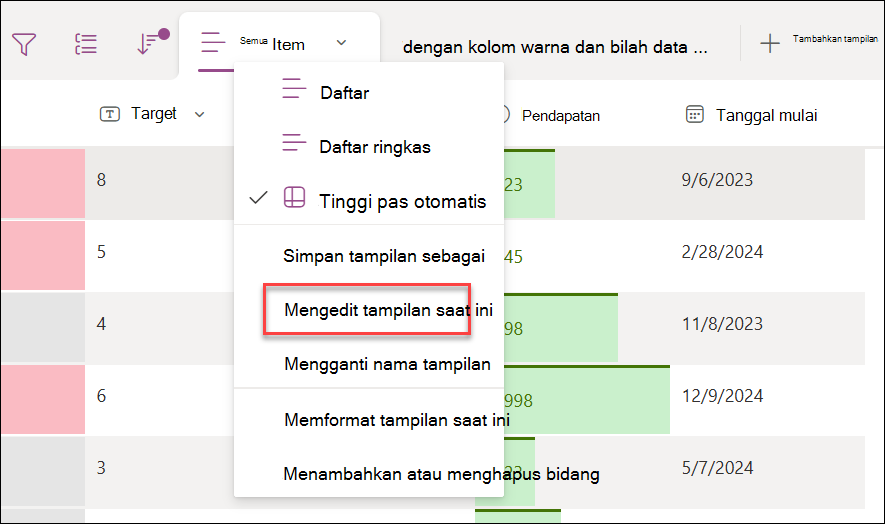 Screetshot memilih edit tampilan saat ini