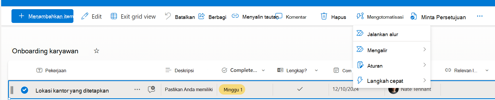 Item yang dipilih dengan opsi untuk menjalankan langkah cepat