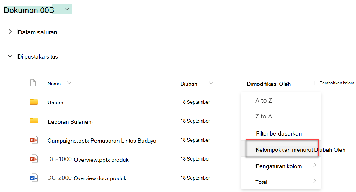 cuplikan layar pengelompokan menurut nama kolom