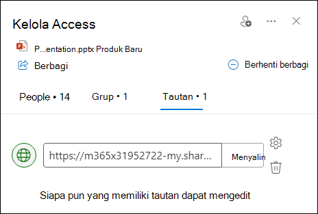 Cuplikan layar memperlihatkan kotak dialog kelola akses dengan tab tautan terbuka.