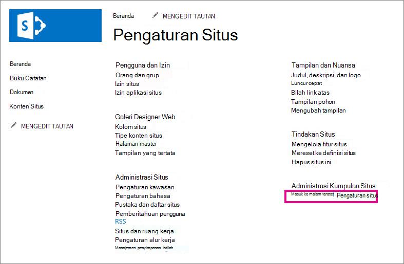 Masuk ke pengaturan situs tingkat atas