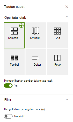 Panel Properti memperlihatkan opsi tambahan untuk tata letak yang dipilih.