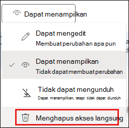 Cuplikan layar izin berbagi dengan hapus akses langsung disorot.