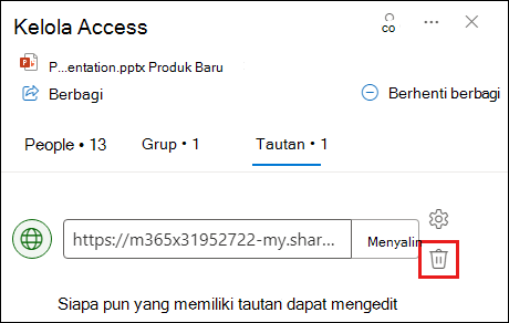 Cuplikan layar memperlihatkan kotak dialog kelola akses dengan tab tautan terbuka. Tombol hapus tautan disorot.