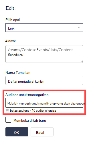 Audiens untuk menargetkan bidang disorot.