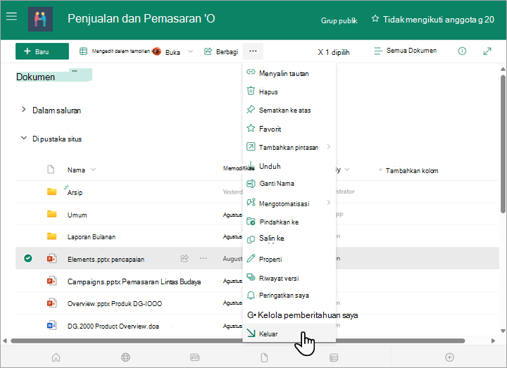 Pilih opsi check out dari menu Lainnya di atas daftar dokumen.