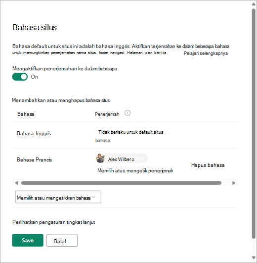 Cuplikan layar memperlihatkan halaman Bahasa situs di SharePoint.