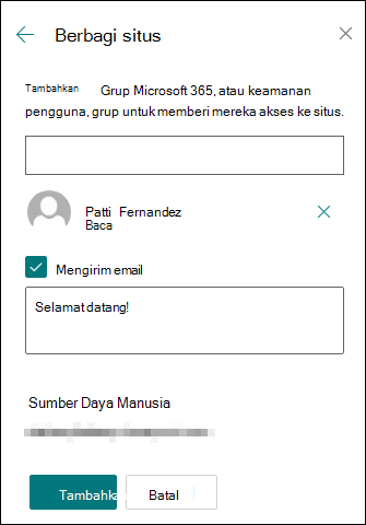 Pratinjau panel izin bagikan situs
