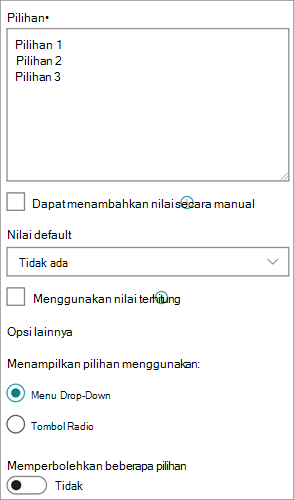Opsi untuk kolom Pilihan dalam pengalaman modern