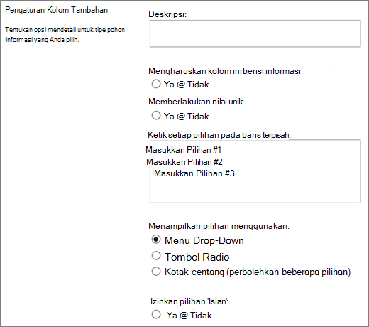 Opsi untuk kolom Pilihan