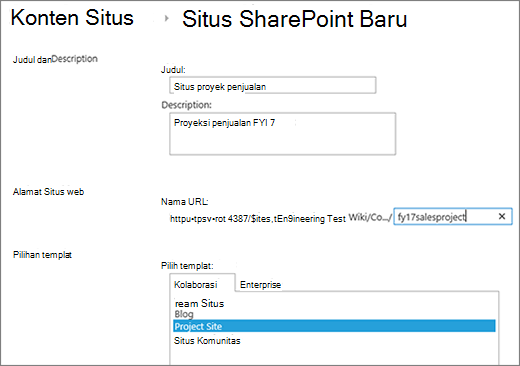 Layar pembuatan Subsitus SharePoint 2016
