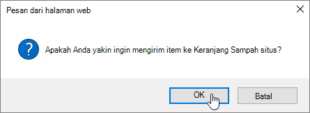 Konfirmasi dialog Hapus item dengan penghapusan disorot