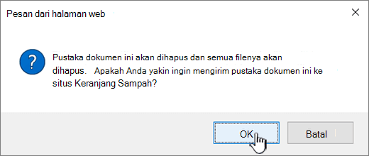 Kotak dialog konfirmasi saat menghapus pustaka