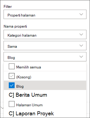 Filter diatur ke Blog di panel komponen web Berita