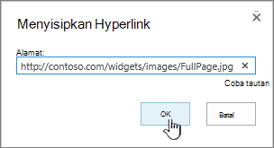 Dialog hyperlink dengan alamat web dan tombol OK disorot