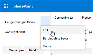 Edit link atau label yang sudah ada di footer di situs komunikasi SharePoint.