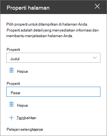 Panel komponen web properti halaman