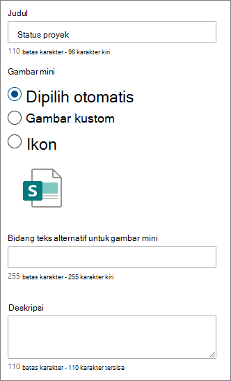 Opsi untuk tautan cepat individual