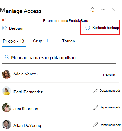 Cuplikan layar kotak dialog kelola akses dengan berhenti berbagi disorot.