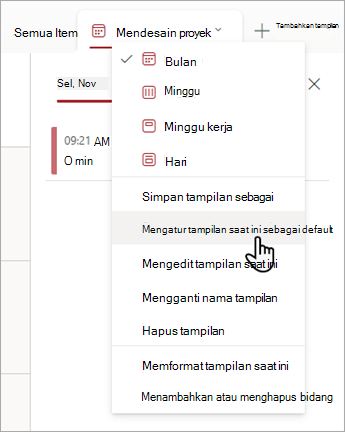 Cuplikan layar memperlihatkan cara memilih perintah Atur tampilan saat ini sebagai default di Daftar.
