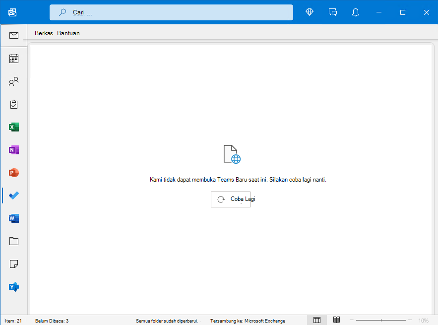 Gambar jendela outlook dengan kesalahan tidak dapat membuka aplikasi tim