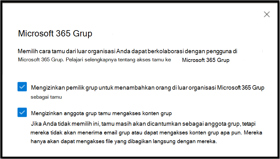pilih bagaimana tamu dari luar organisasi Anda bisa berkolaborasi dengan pengguna Anda di grup microsoft 365