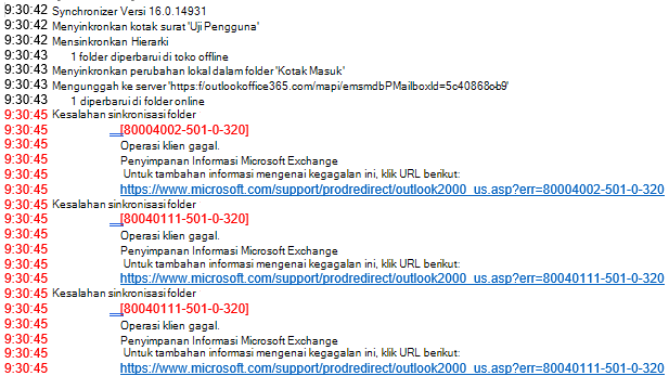 Daftar kesalahan dalam log outlook