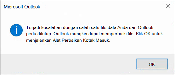 Terjadi kesalahan dengan salah satu file data Anda dan Outlook perlu ditutup.