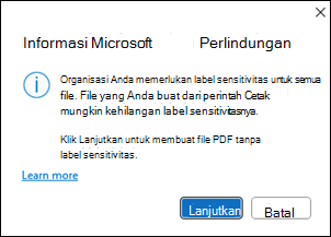Microsoft Info protection create PDF window