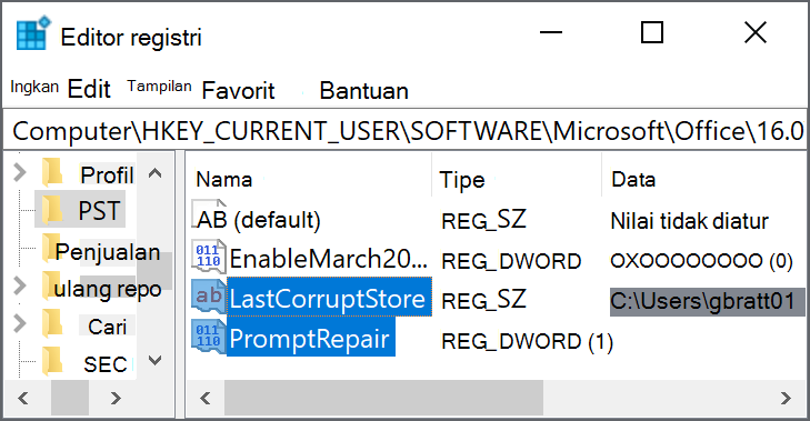 Pengaturan registri untuk menghapus LastCorruptStore PromptRepair=dword:00000001