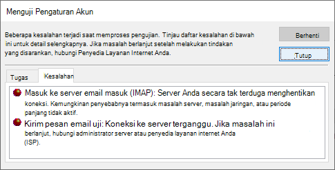 Cuplikan layar tab Kesalahan Jendela Uji Pengaturan Akun - IMAP