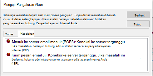 Cuplikan layar tab Kesalahan Jendela Uji Pengaturan Akun - POP3