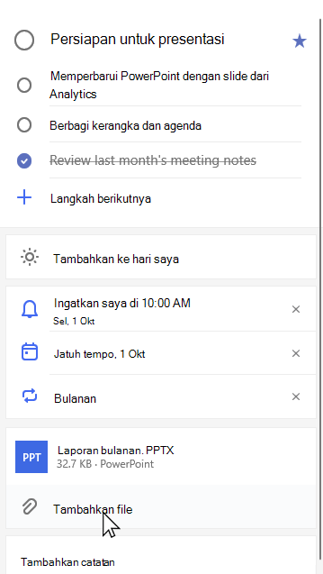 Tampilan detail tugas Persiapan presentasi dengan lampiran Report.pptx Bulanan dan opsi untuk Menambahkan file dipilih