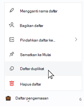 Daftar kemasan dipilih dengan daftar konteks terbuka dan Daftar duplikat dipilih