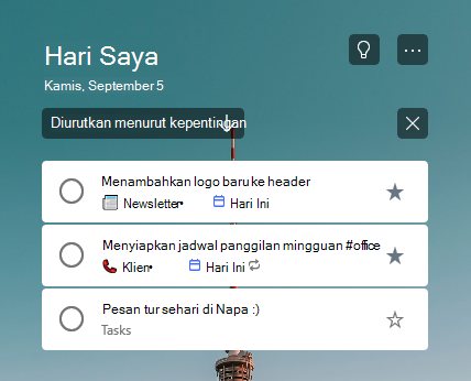 Daftar Hari Saya diurutkan menurut kepentingan dengan dua tugas berbintang di bagian atas daftar