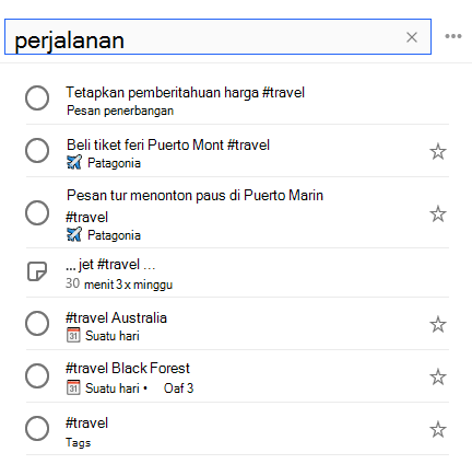 #travel telah dimasukkan di bilah pencarian dan daftar semua tugas dengan tag #travel berada di bawahnya