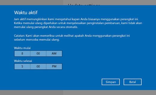 Tangkapan layar dari jendela dialog untuk mengubah jam aktif